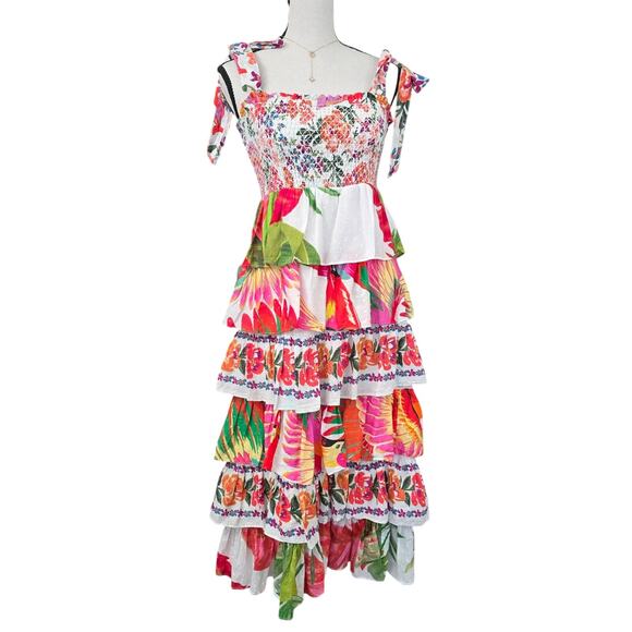Farm Rio Tropical Floral Tiered Midi Dress Sz S Smocked Ruffle Boho QuietLuxury - Picture 2 of 9